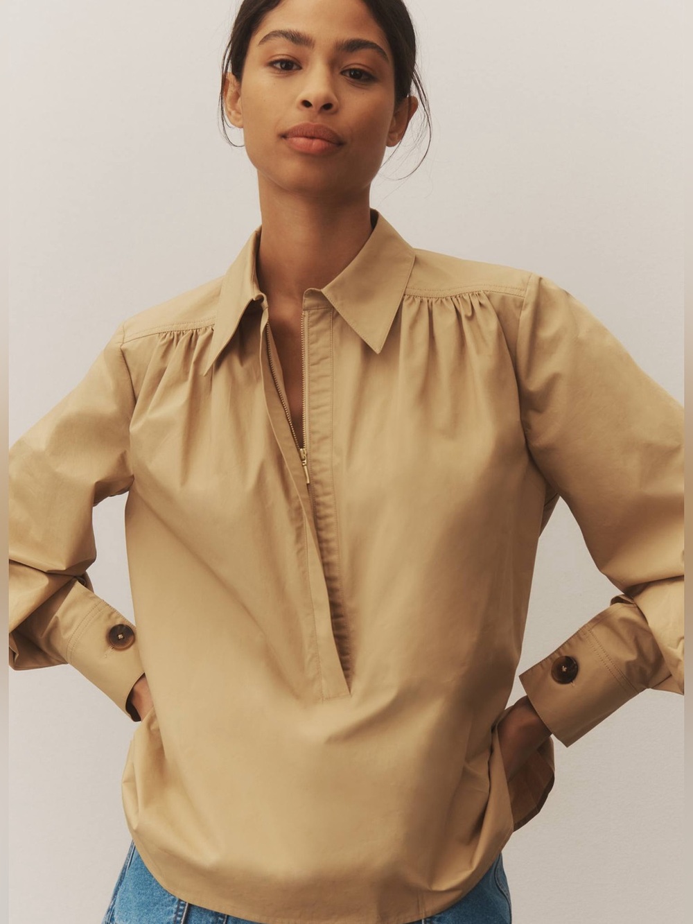 Mare Mare X Anthropologie Long-Sleeve Henley Blouse Tan Beige Zipper Front